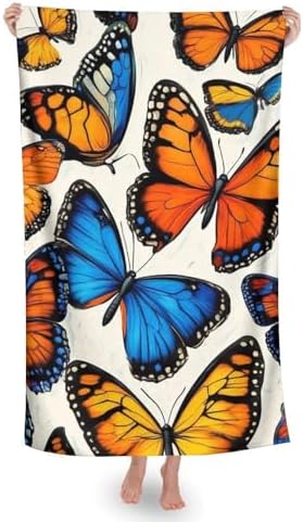 4SEE Premium Beach Towel with Blue Orange Butterflies Design