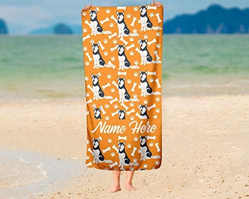 Personalized Siberian Husky Beach Towel - Custom Name Design