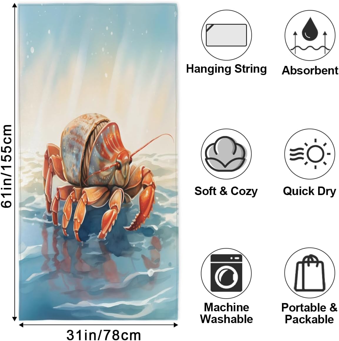 Kids Ocean Crab Oversized Quick Dry Beach Towel