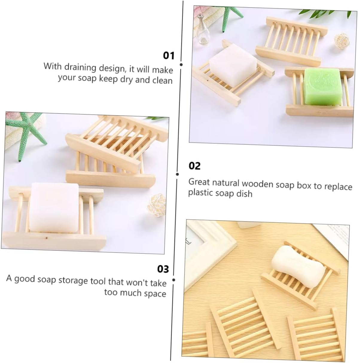 Wooden Soap Tray Holder 6pcs Natural Draining