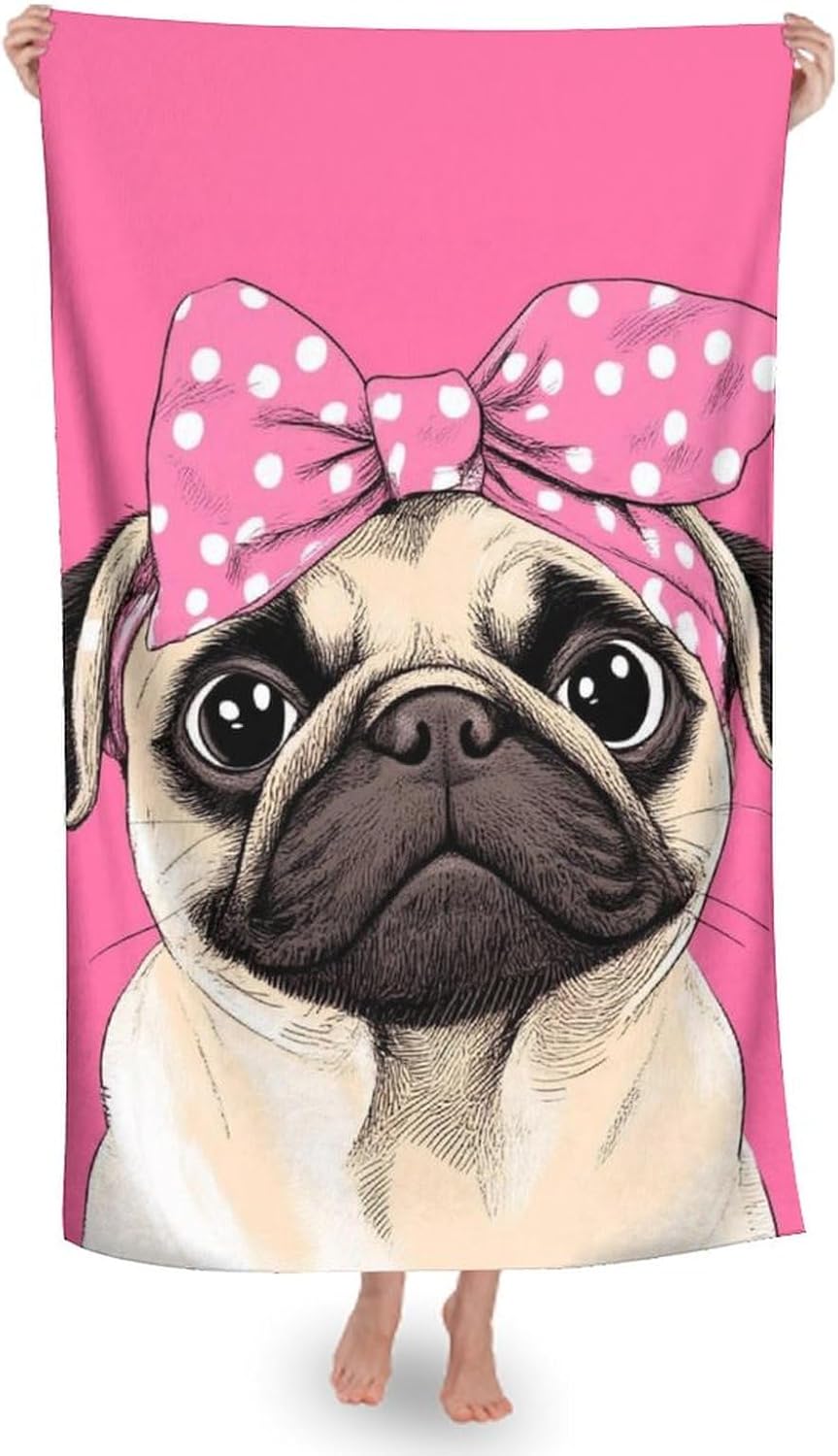 4SEE Oversize Soft Pug Beach Towel Double-Sided Velvet 51x31 Inches