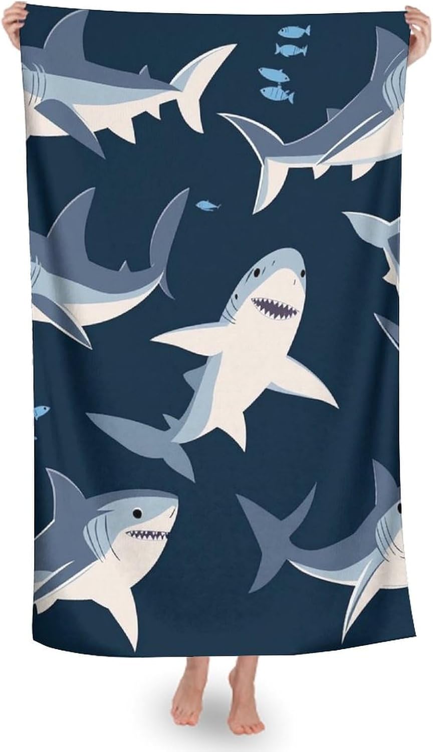 Extra Large Beach Towel with Blue Cartoon Shark Print