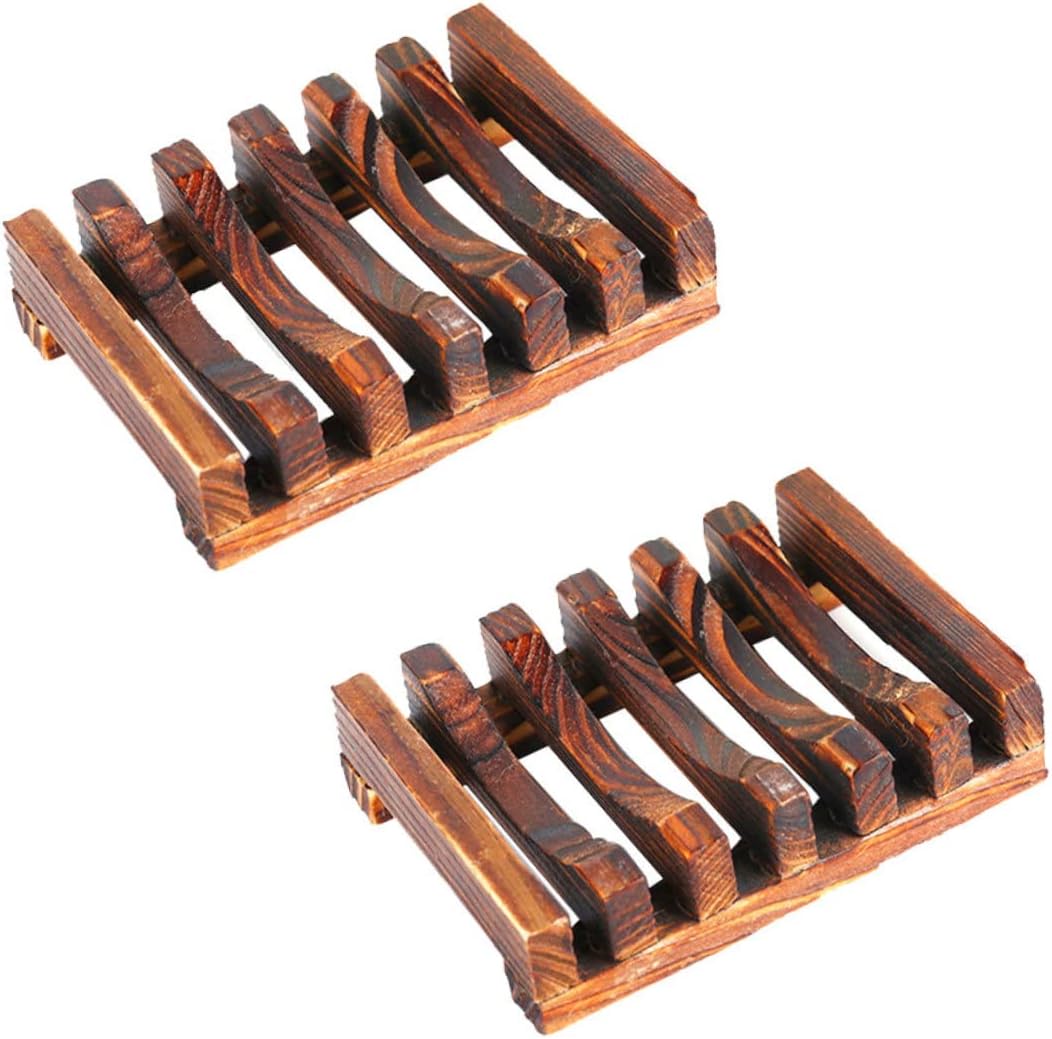 2PCS Carbonized Bamboo Soap Dish Holder for Bathroom Kitchen