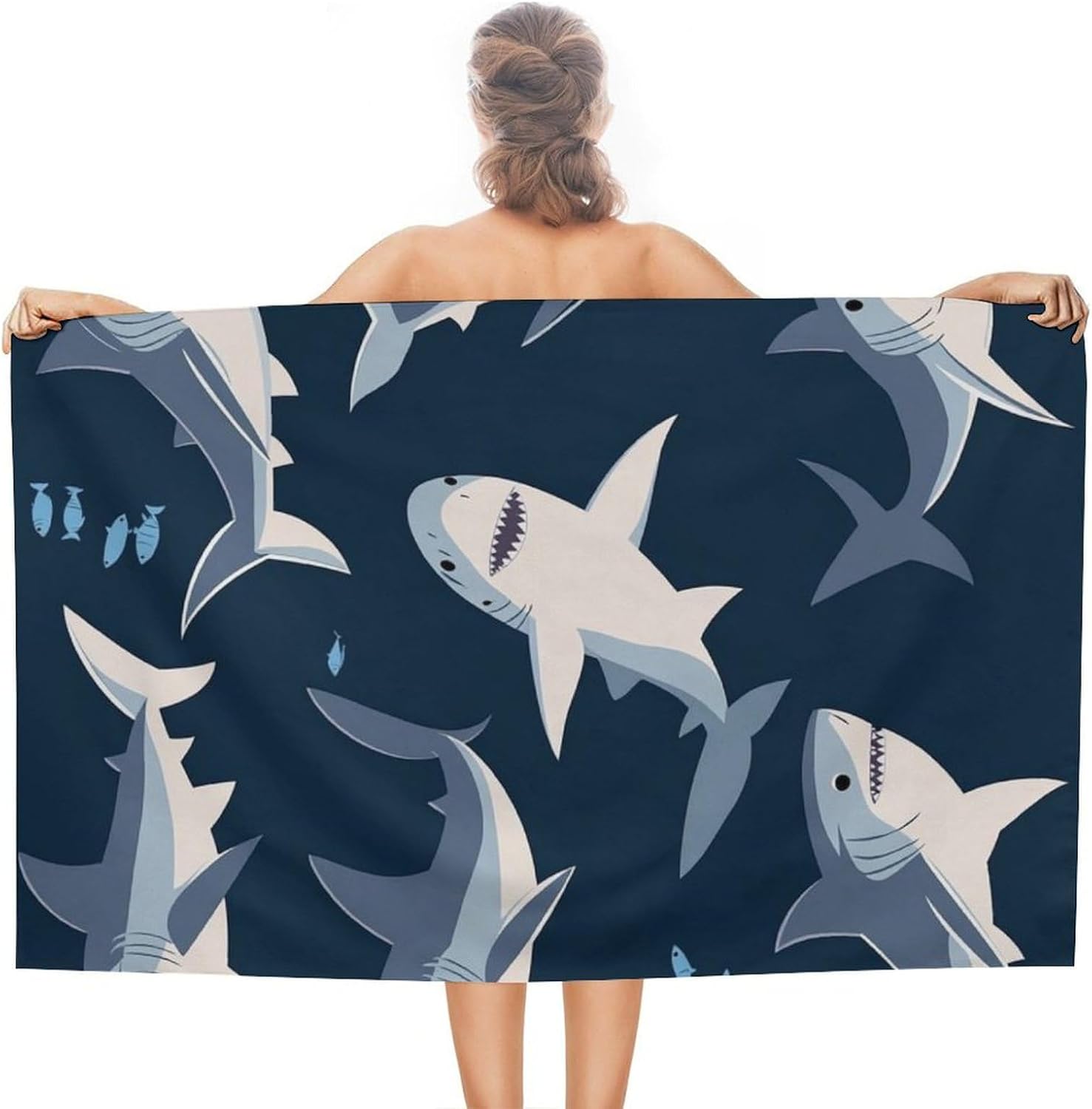 Extra Large Beach Towel with Blue Cartoon Shark Print