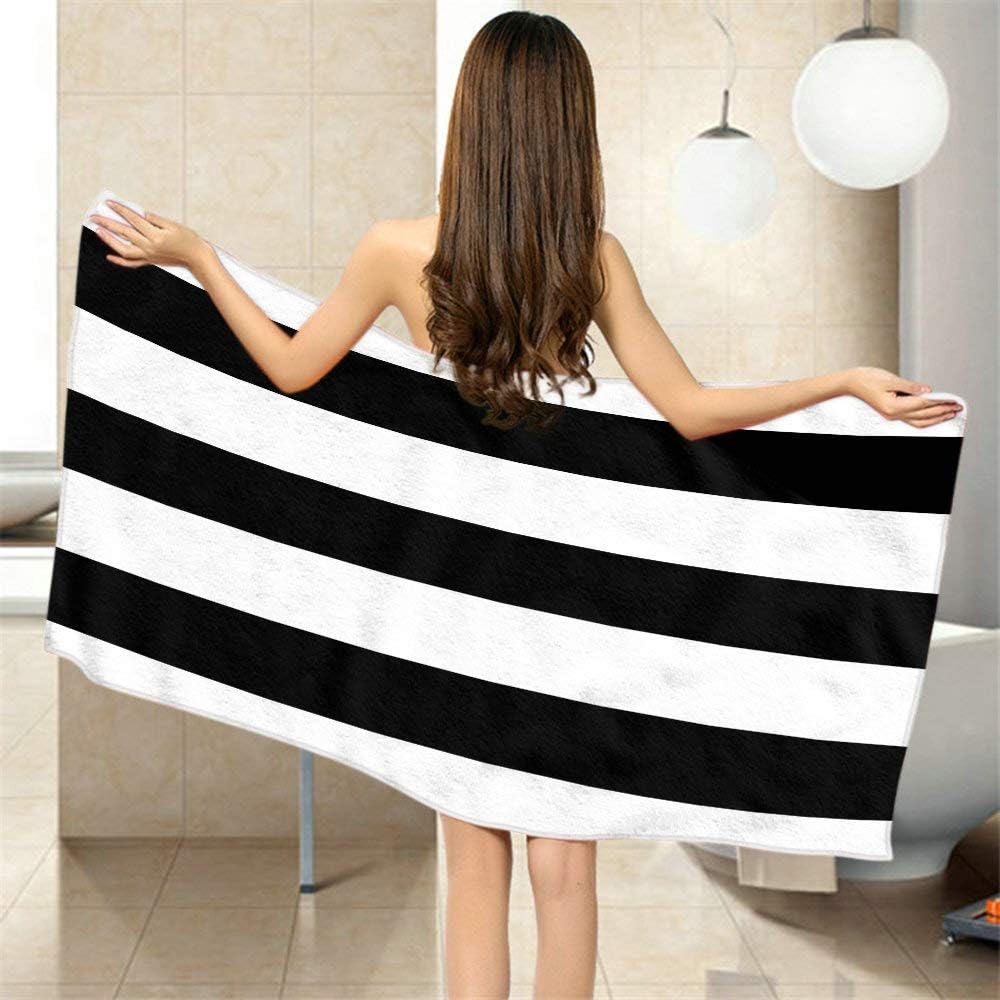 Soft Bath Towels with Black and White Stripes for Home Beach Camping