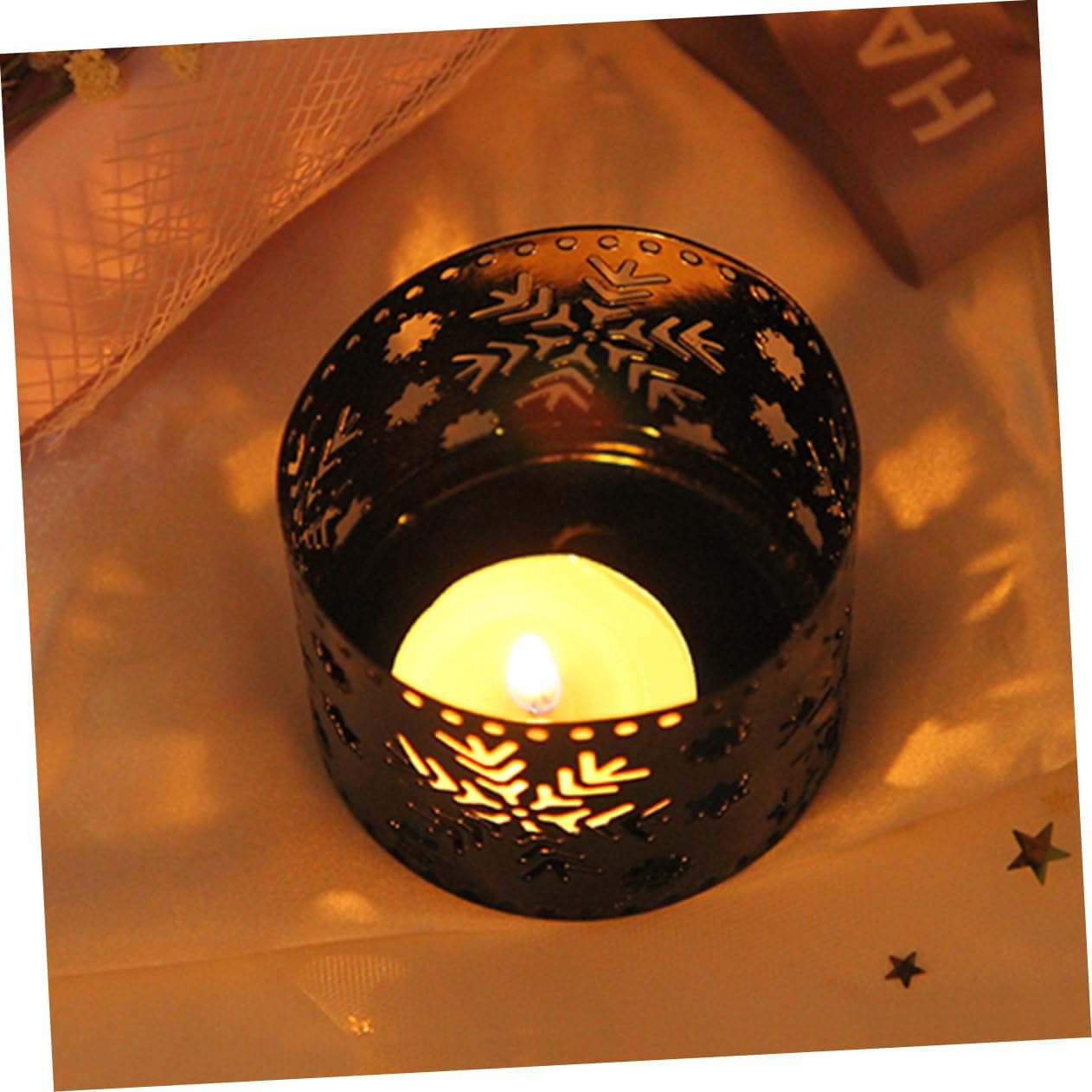Cabilock Iron Hollow Christmas Candle Holder Snowflake Design Black