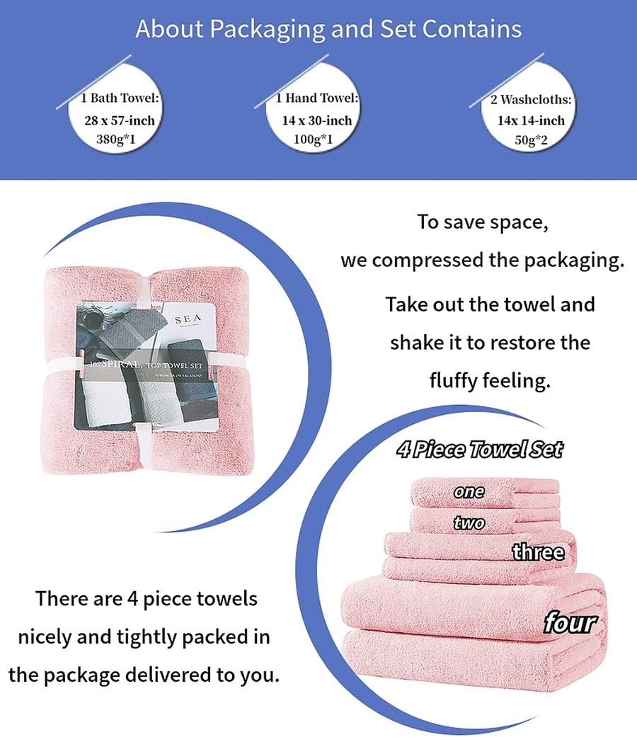 Xinrjojo 4-Piece Quick-Dry Absorbent Towels - Light Pink