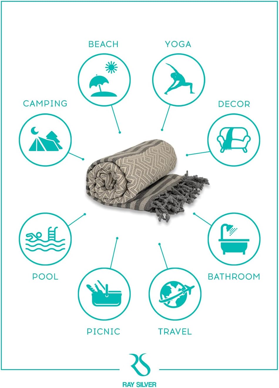 RAY SILVER 4-Pack Turkish Beach Towels 40x71 100 Cotton