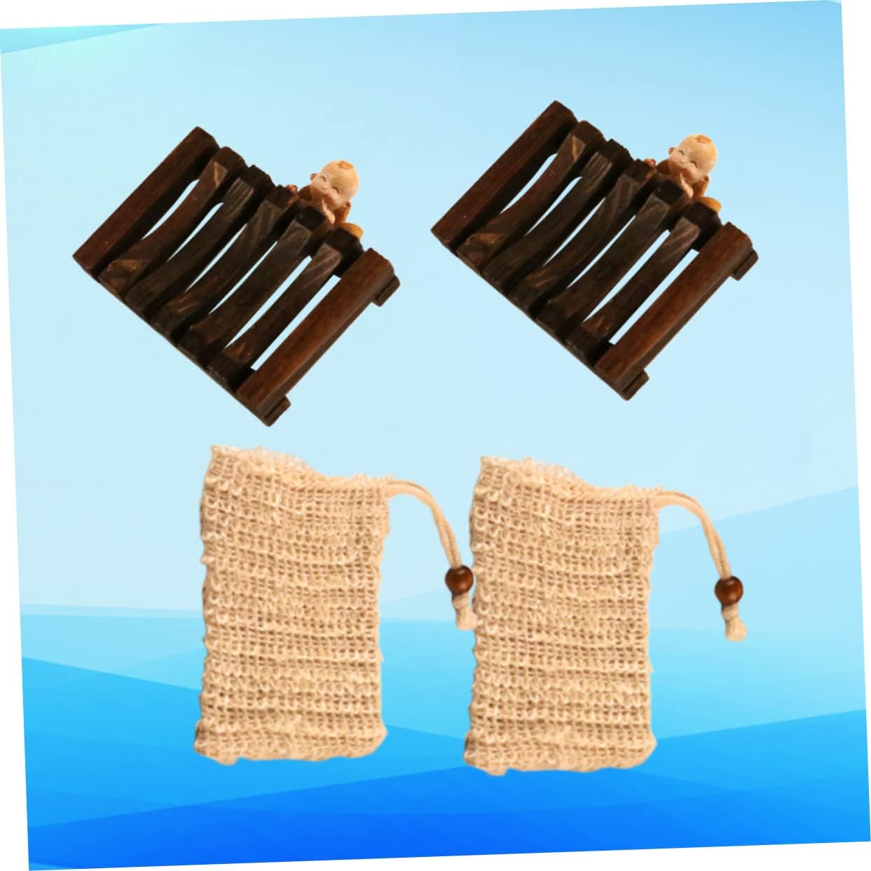 CAXUSD 2-Piece Wooden Soap Rack with Bubble Net and Exfoliating Bag