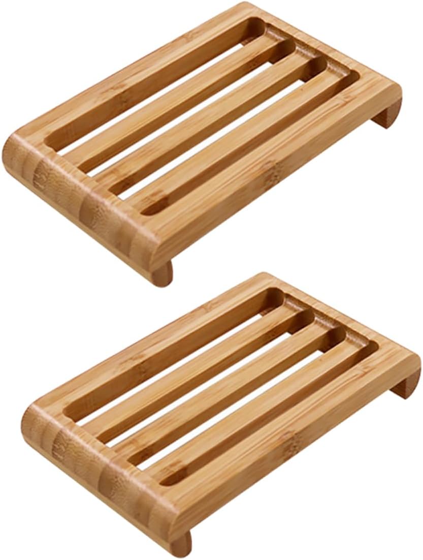 2pcs Natural Wood Soap Dish for Kitchen Sink and Travel Shower