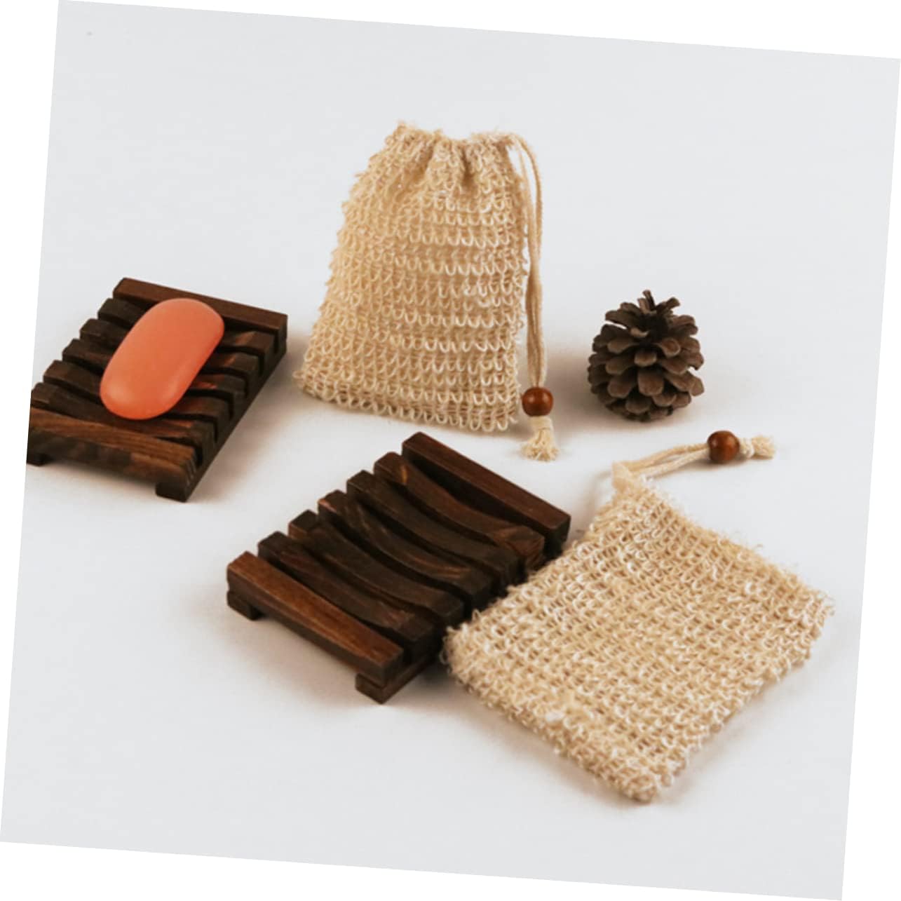 Anneome Linen Soap Bag with Wooden Net for Exfoliating and Storage