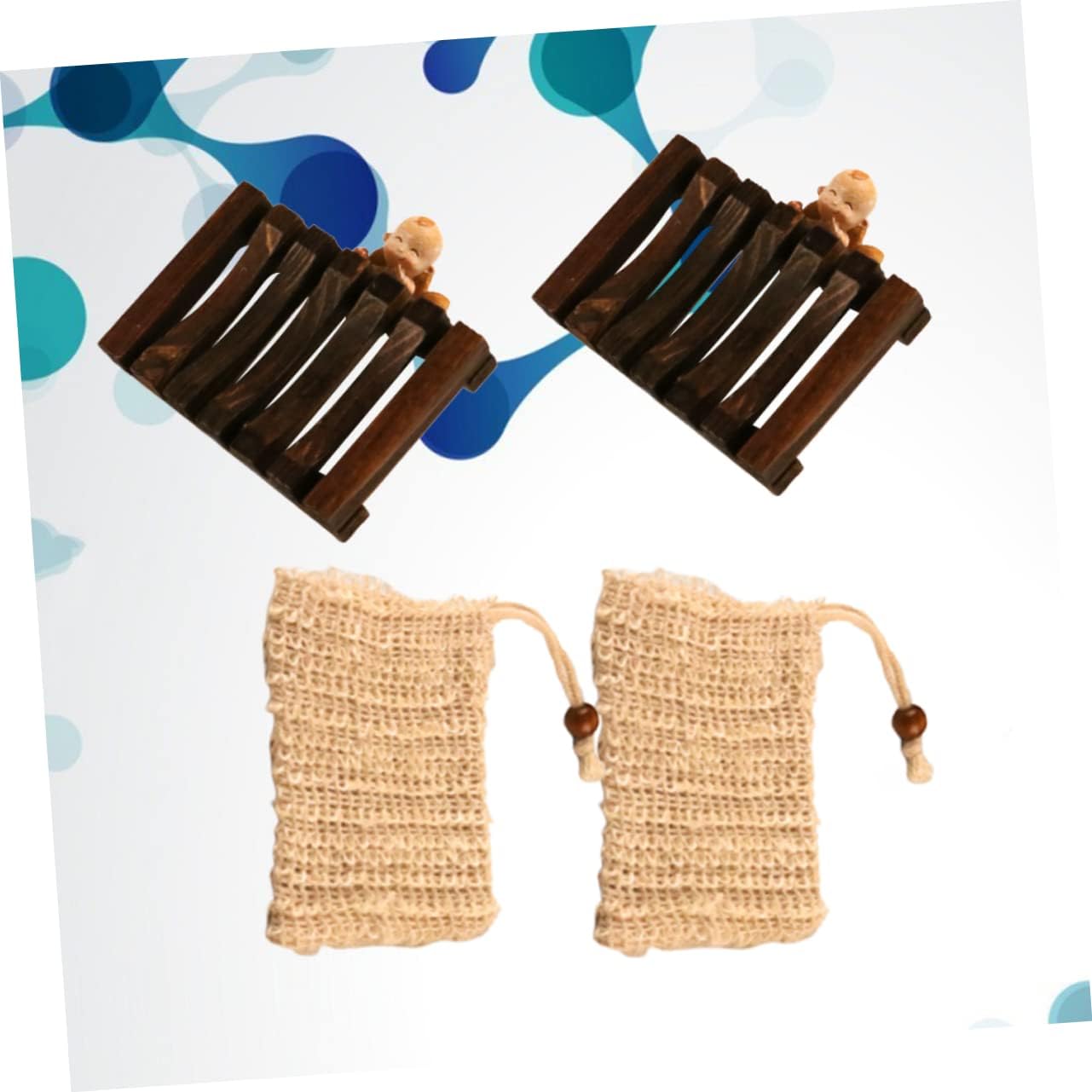 CAXUSD 2-Piece Wooden Soap Rack with Bubble Net and Exfoliating Bag