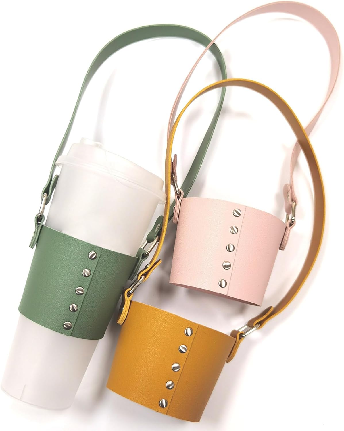 HYBEW Handheld Leather Cup Holder with Handle Green