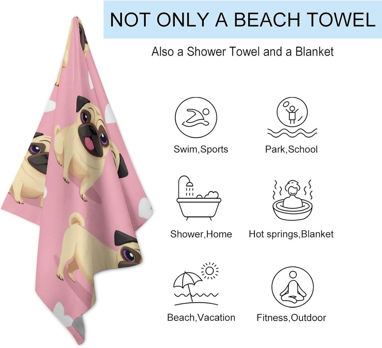 Lightweight Soft Beach Towels with Funny Cartoon Pugs