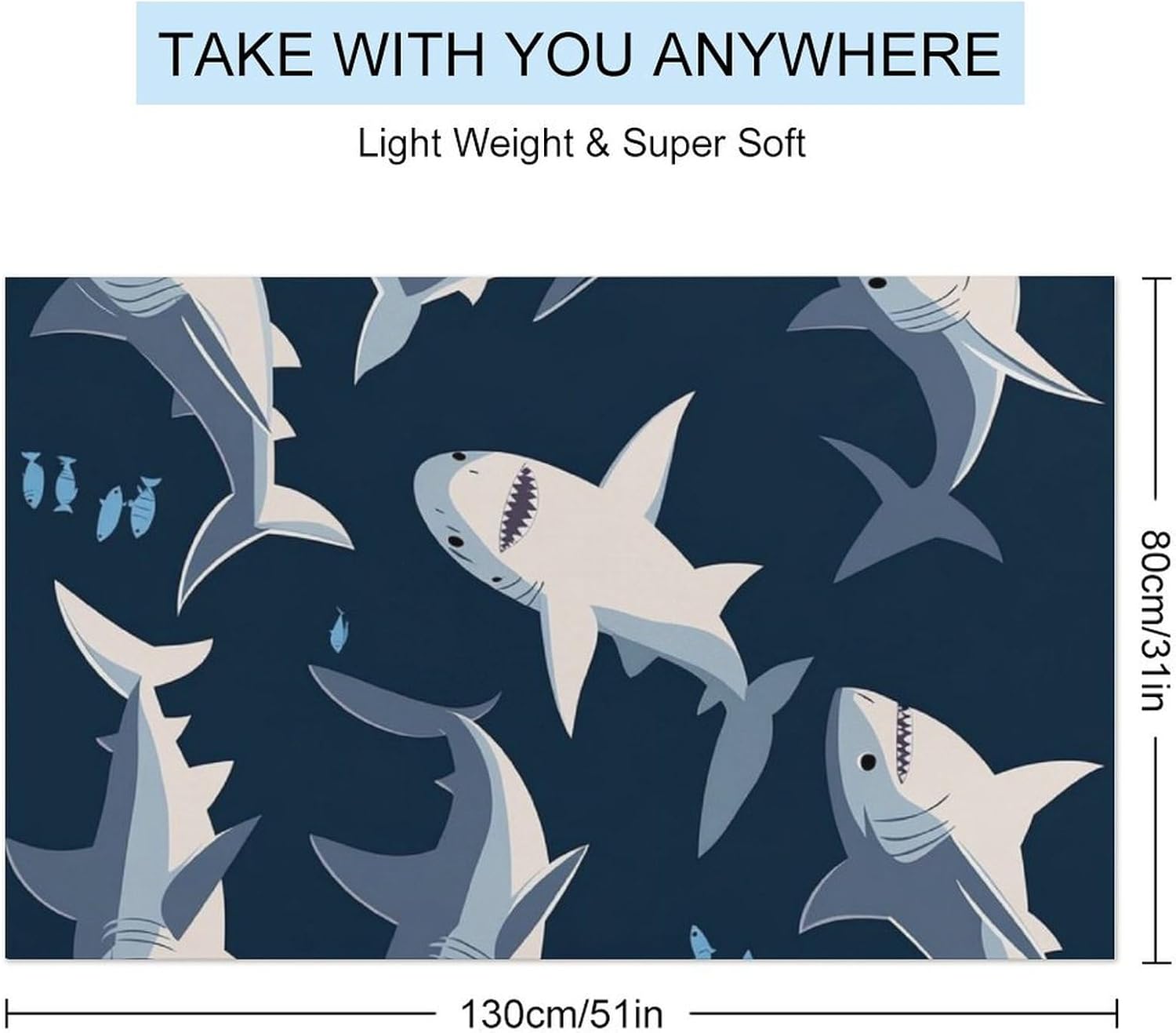 Extra Large Beach Towel with Blue Cartoon Shark Print