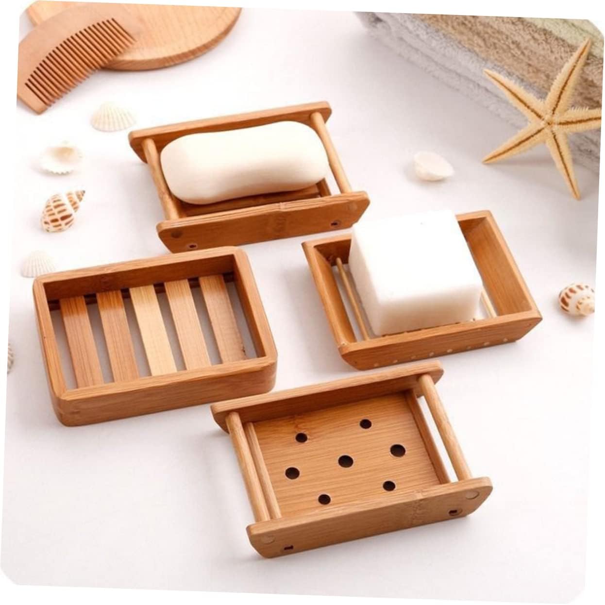 Stylish Bamboo Soap Holder 2pcs Wooden Draining Tray