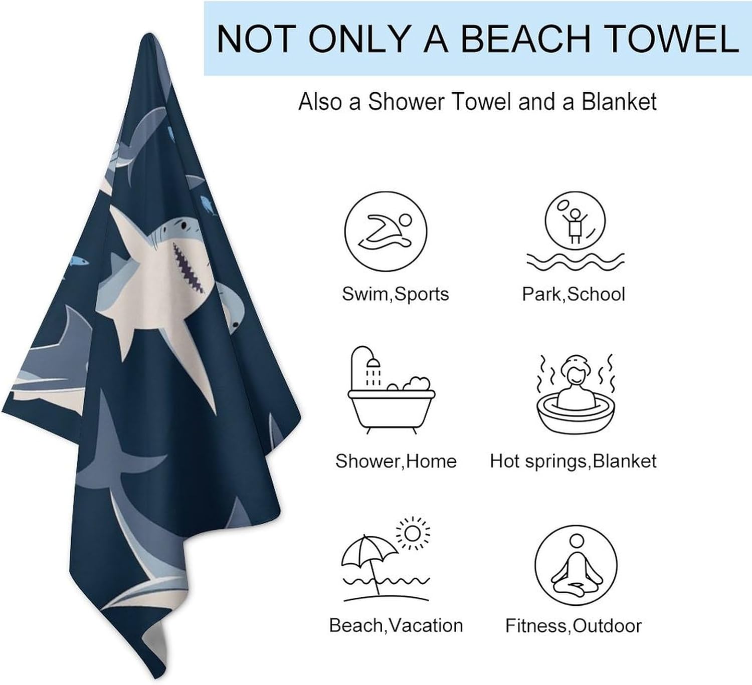 Extra Large Beach Towel with Blue Cartoon Shark Print