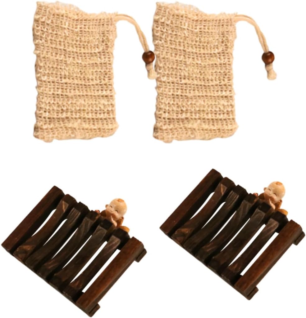 CAXUSD 2-Piece Wooden Soap Rack with Bubble Net and Exfoliating Bag