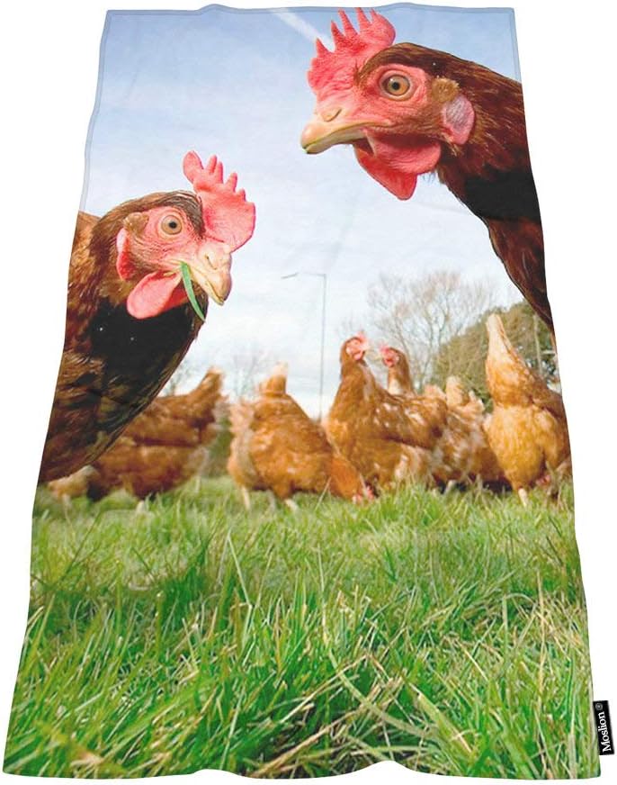 Funny Chicken Bath Towel with Green Grass Pattern