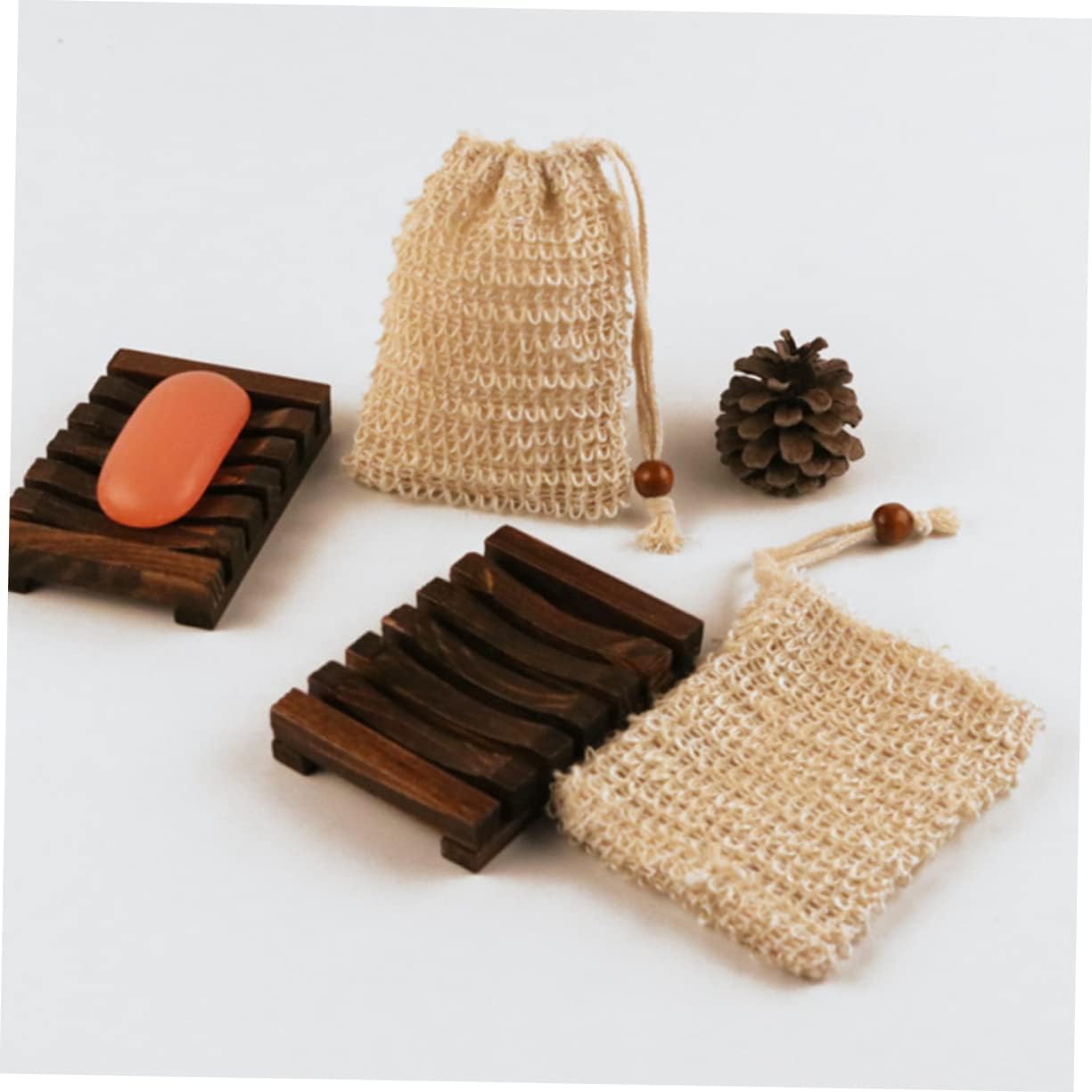 CAXUSD 2-Piece Wooden Soap Rack with Bubble Net and Exfoliating Bag