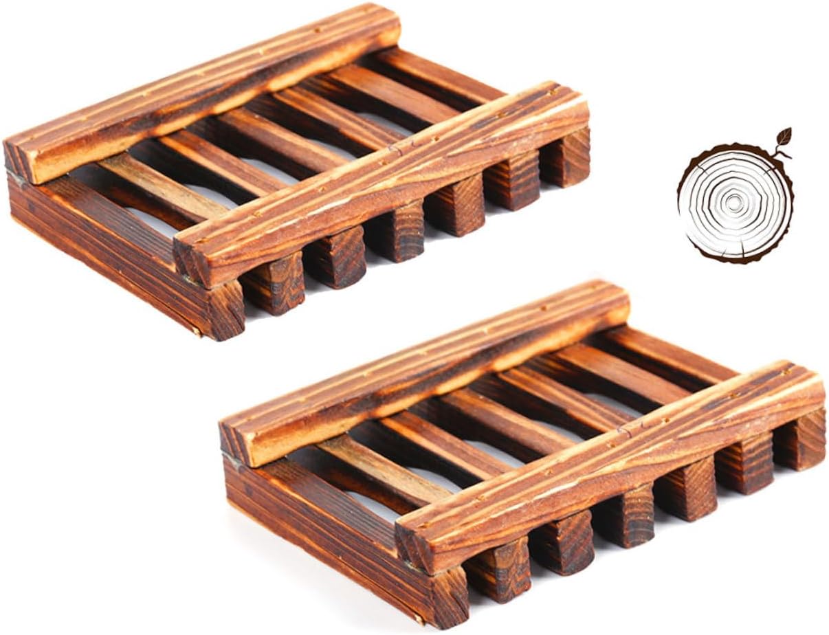 2pcs Wooden Carbonized Soap Dish Holder for Kitchen and Bathroom