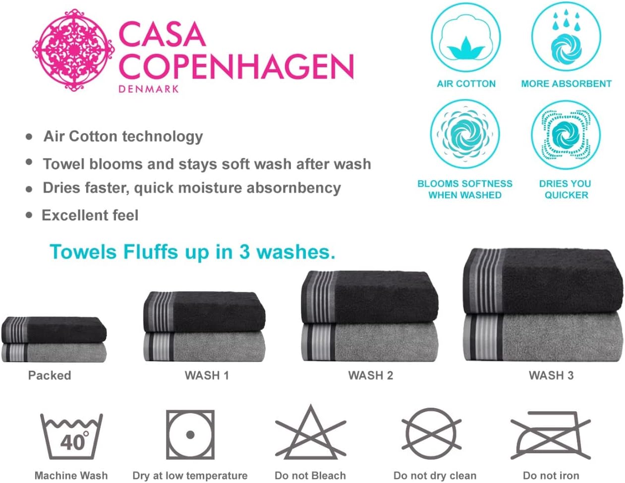 CASA COPENHAGEN He She 6 Piece Towel Set - Silver Grey Dark Grey