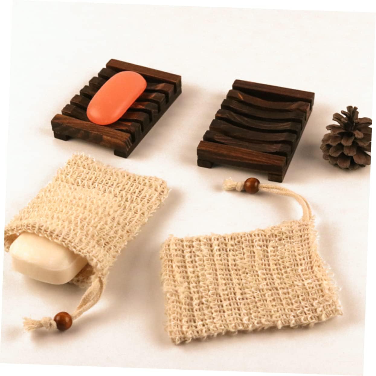Anneome Linen Soap Bag with Wooden Net for Exfoliating and Storage