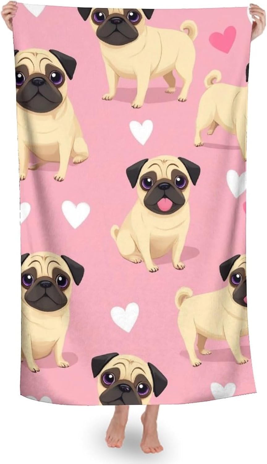 Lightweight Soft Beach Towels with Funny Cartoon Pugs