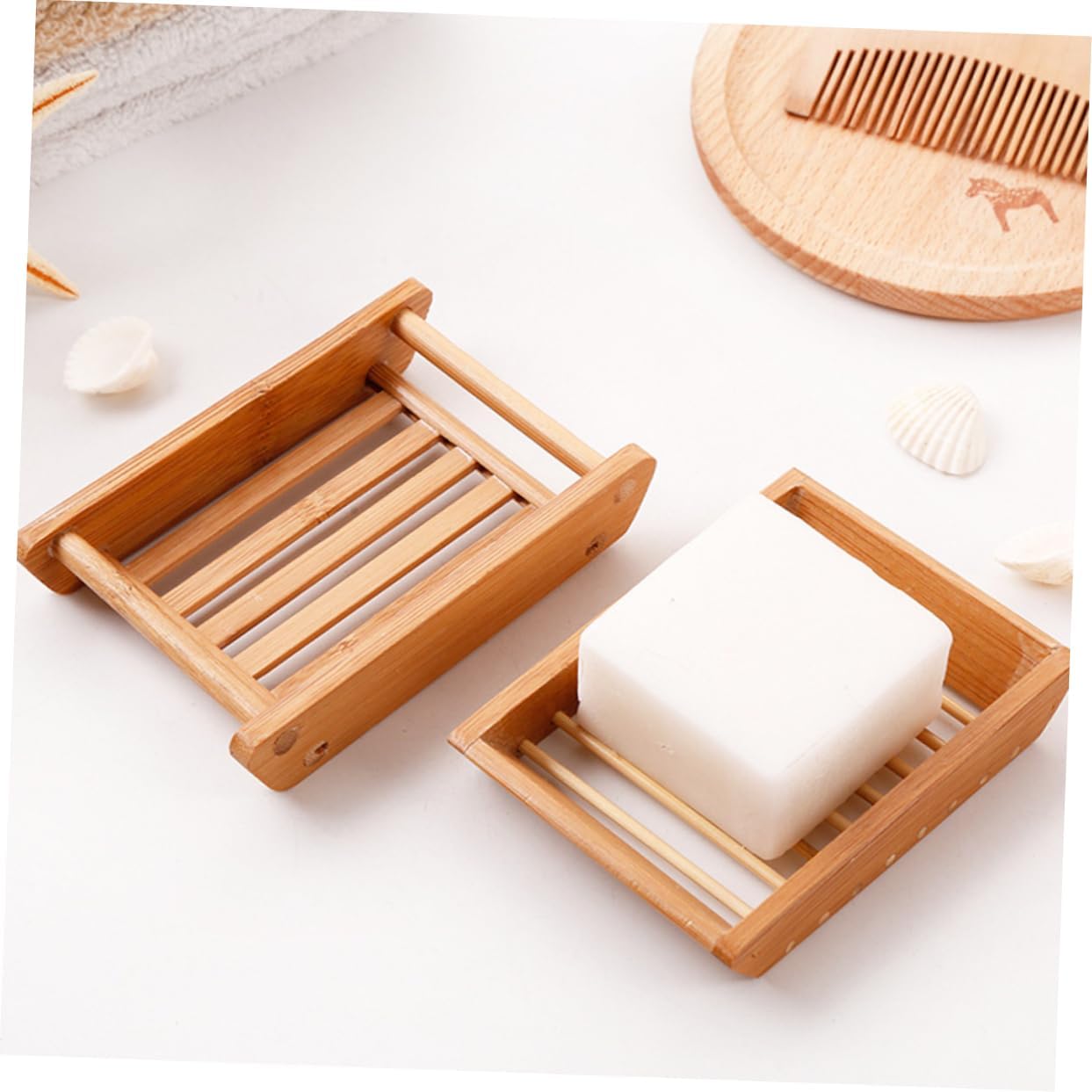 Stylish Bamboo Soap Holder 2pcs Wooden Draining Tray
