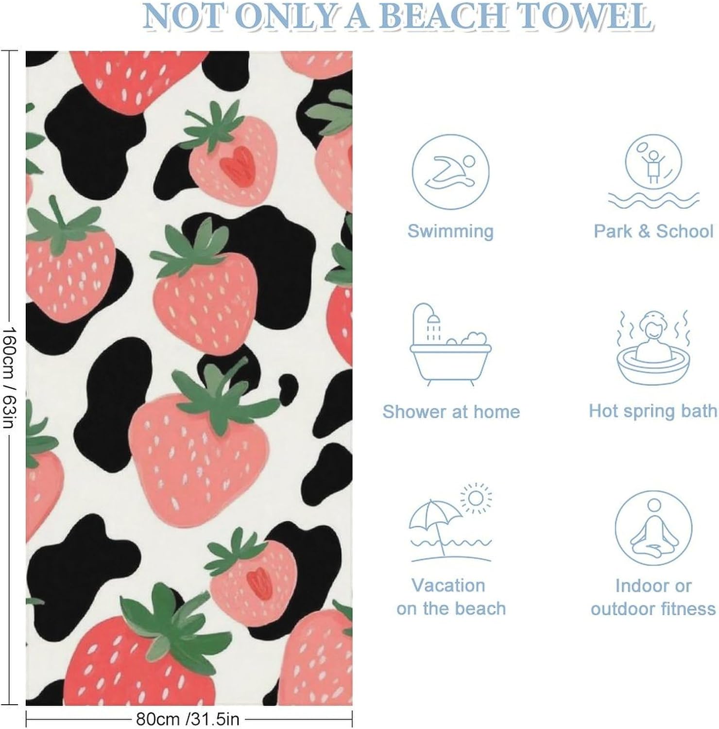 4SEE Pink Strawberry Cow Print Beach Towel for Women Men