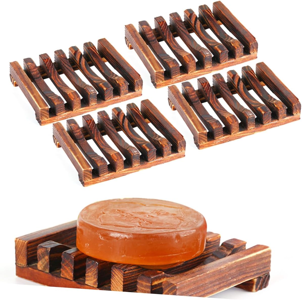 SOLUSTRE 4PC Carbonized Wooden Soap Dish Holder