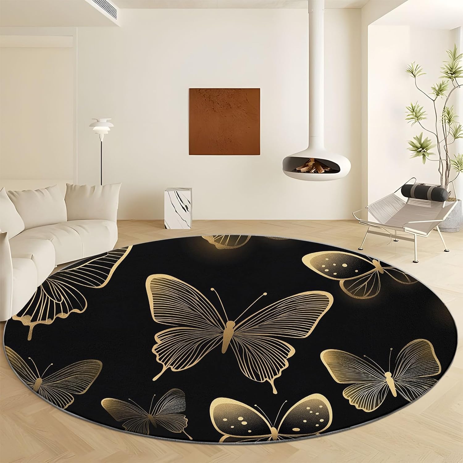 4ft Round Gold Butterfly Faux Wool Area Rug
