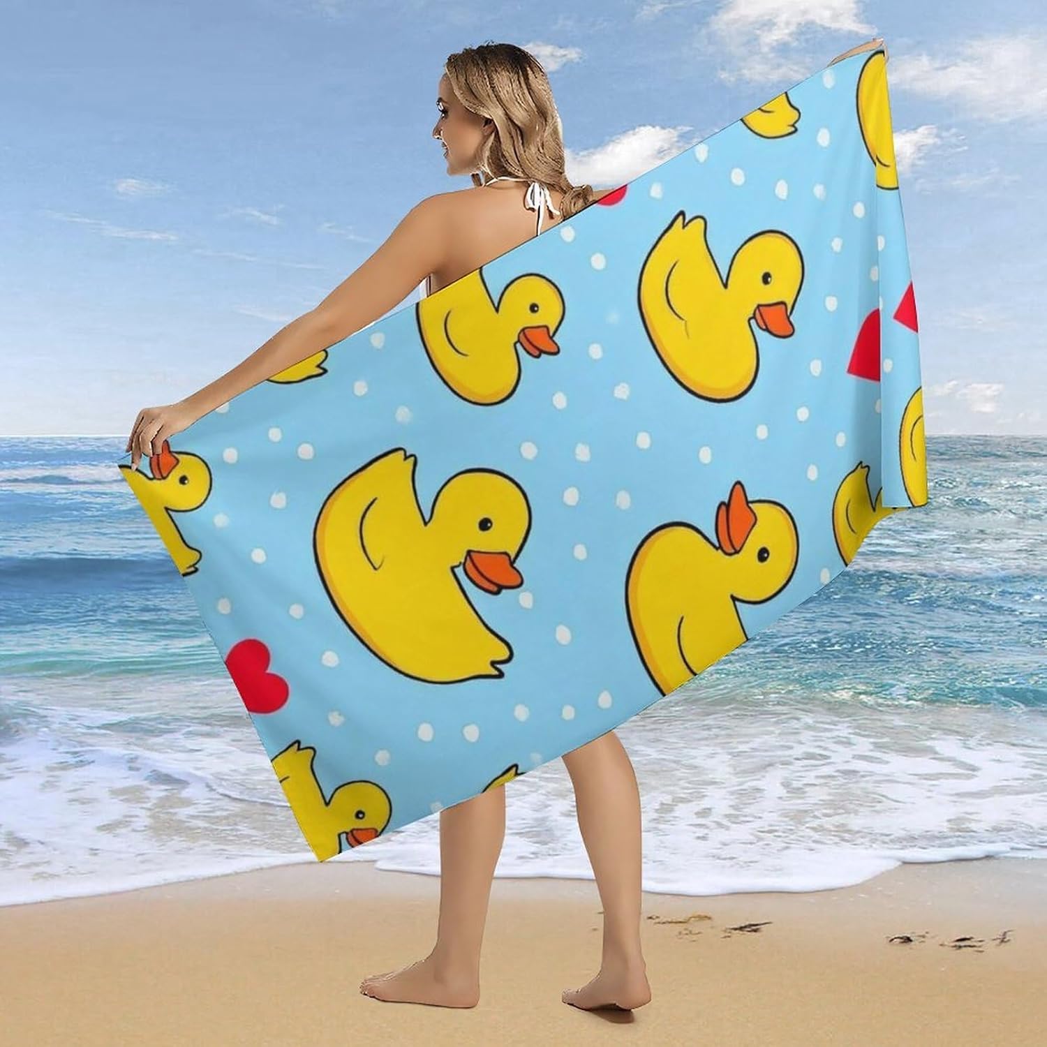 Extra Large Beach Towel with Heart Dots and Ducks Pattern