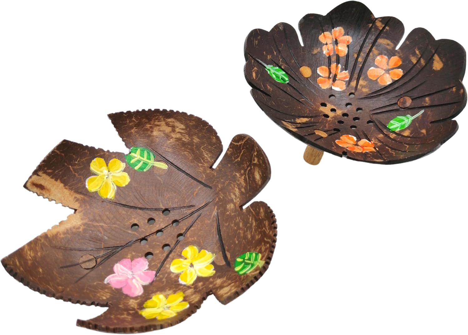 Coconut Shell Soap Dish with Flowers and Zig Zag Leaves 1