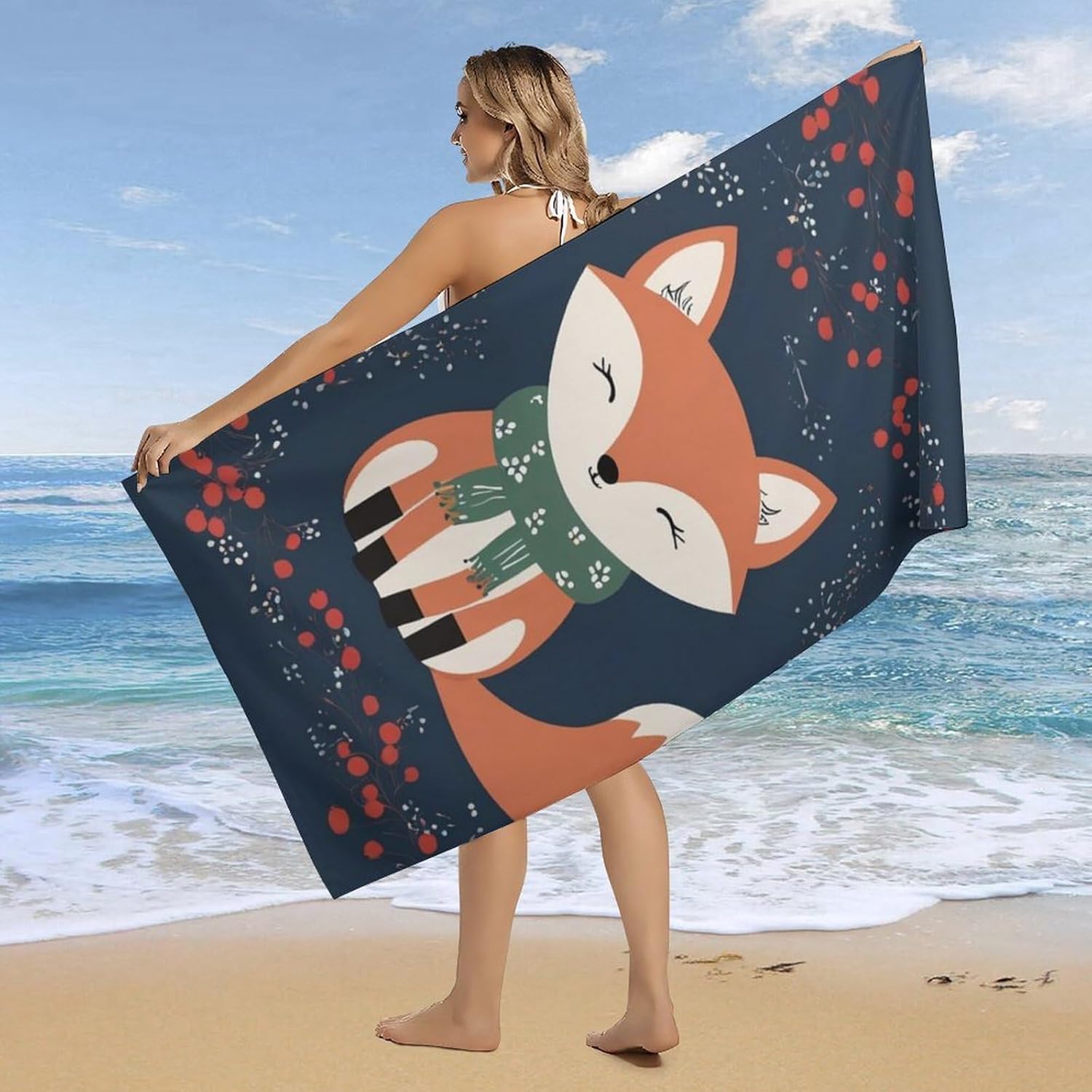 4SEE Extra Large Beach Towel with Cute Fox Design