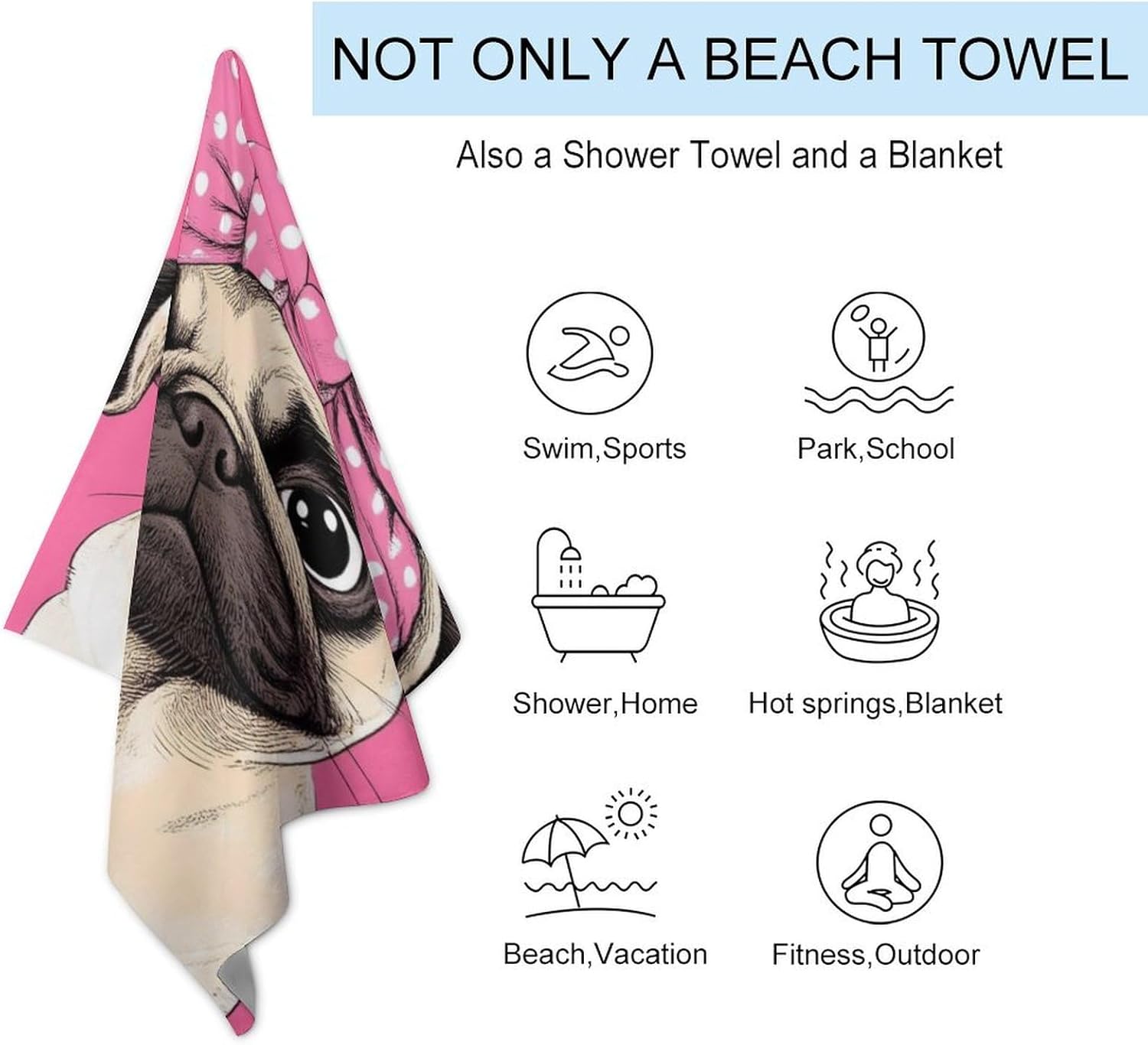 4SEE Oversize Soft Pug Beach Towel Double-Sided Velvet 51x31 Inches