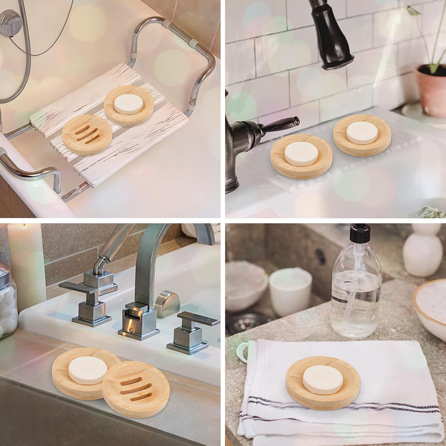 4 Pieces Bamboo Soap Dish Holders - Round Natural Wooden Soap Trays