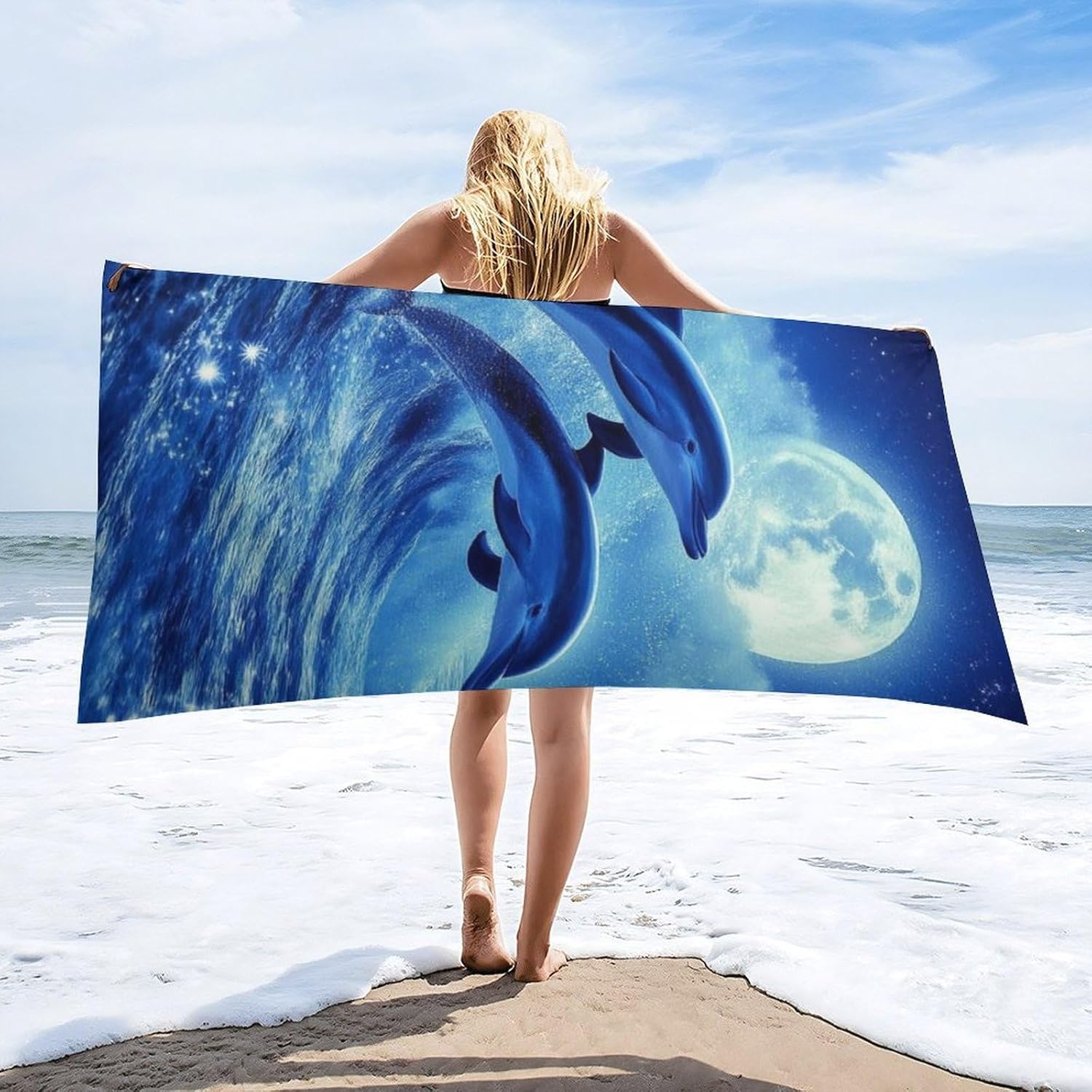 4SEE Extra Large Blue Beach Towel with Dolphin Design