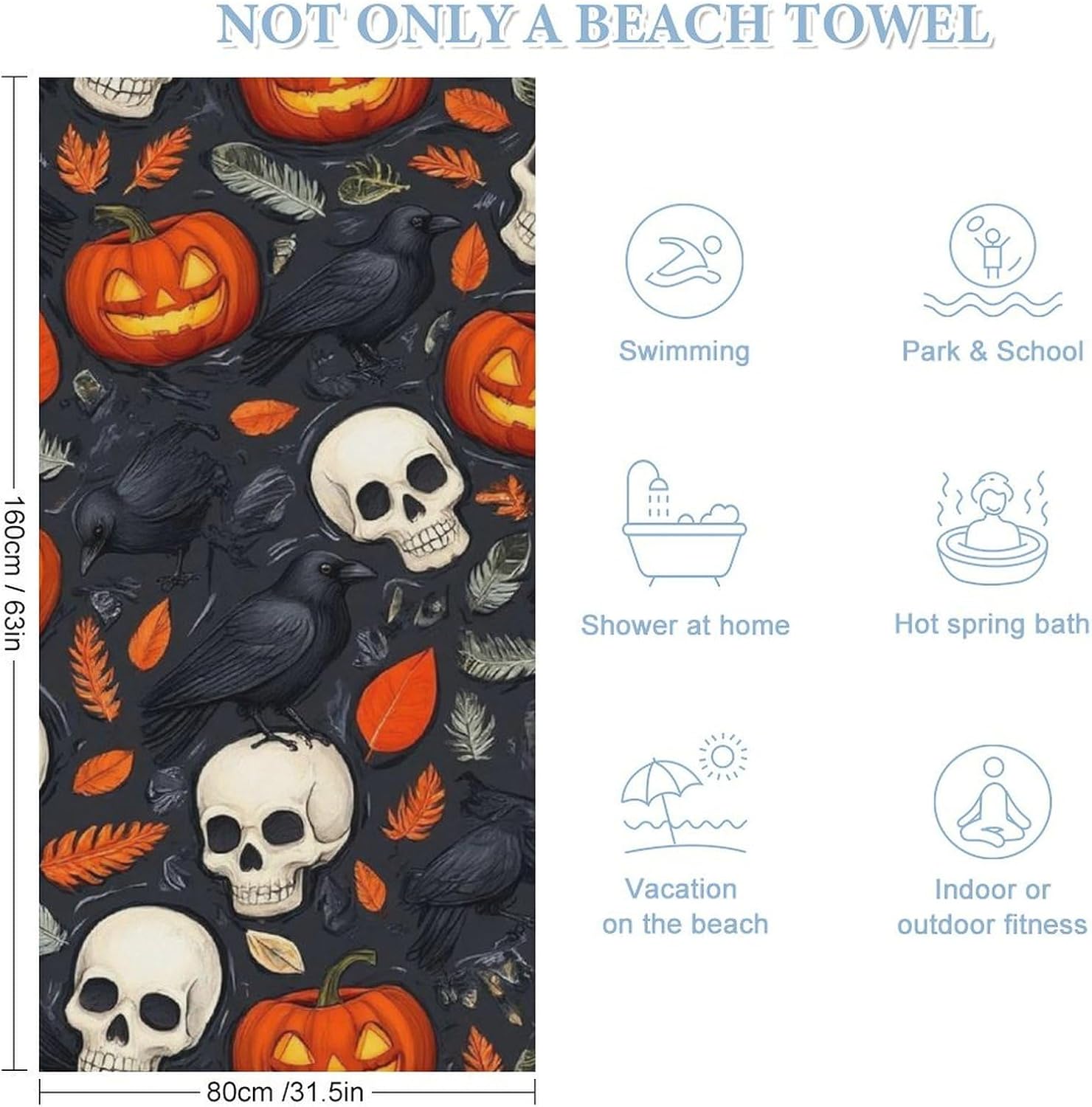 Extra Large Beach Towels with Halloween Raven Design