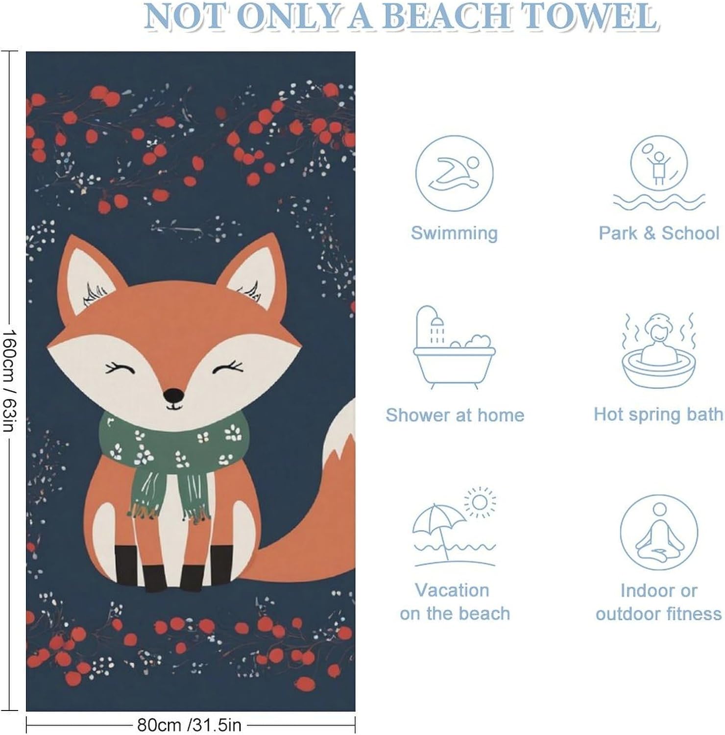 4SEE Extra Large Beach Towel with Cute Fox Design