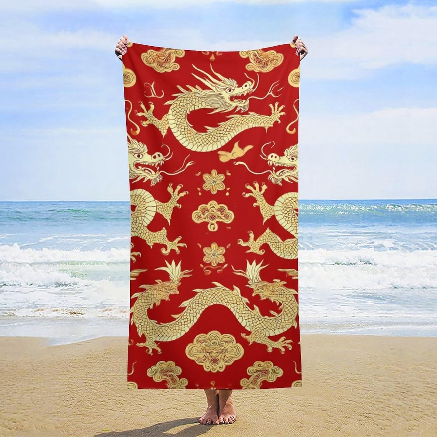 4SEE Super Soft Red Chinese Dragon Floral Beach Towel