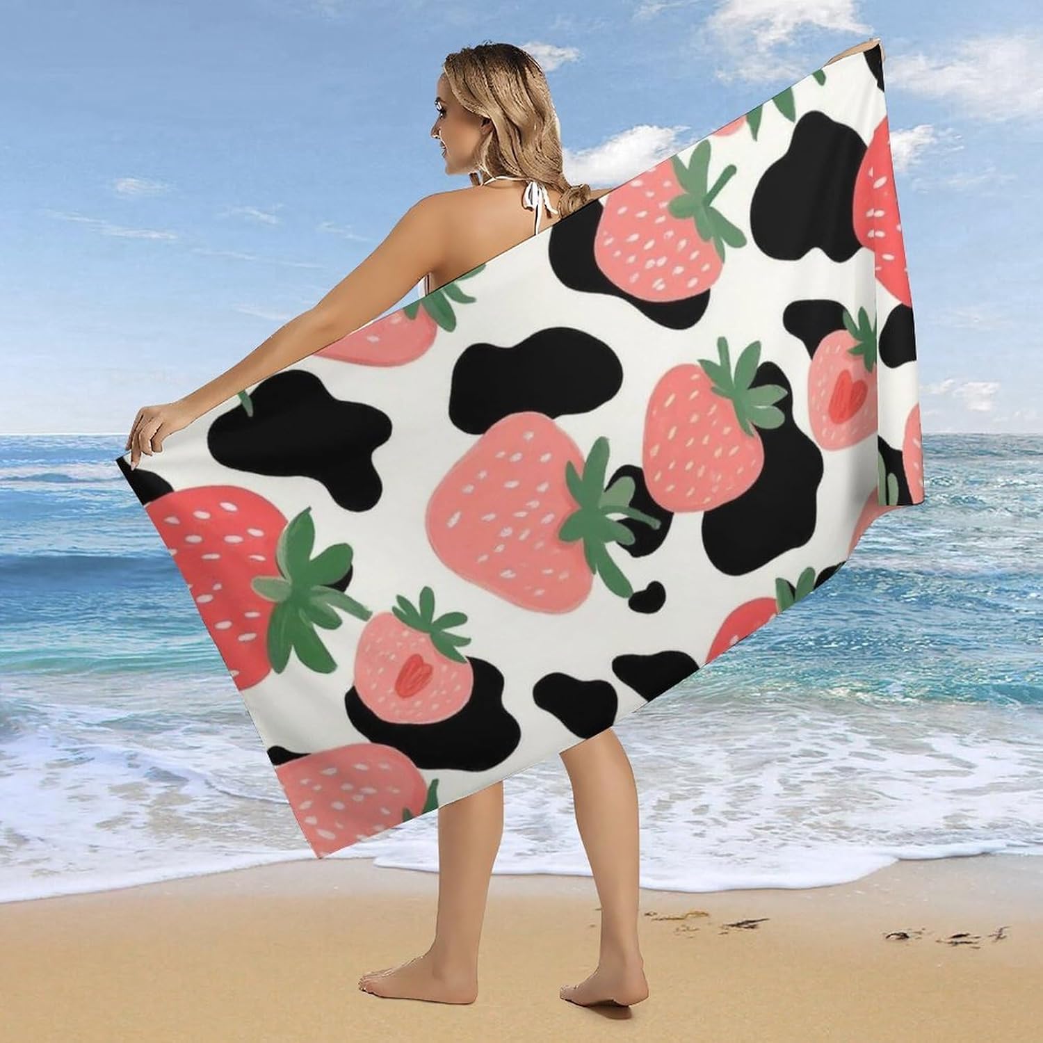 4SEE Pink Strawberry Cow Print Beach Towel for Women Men