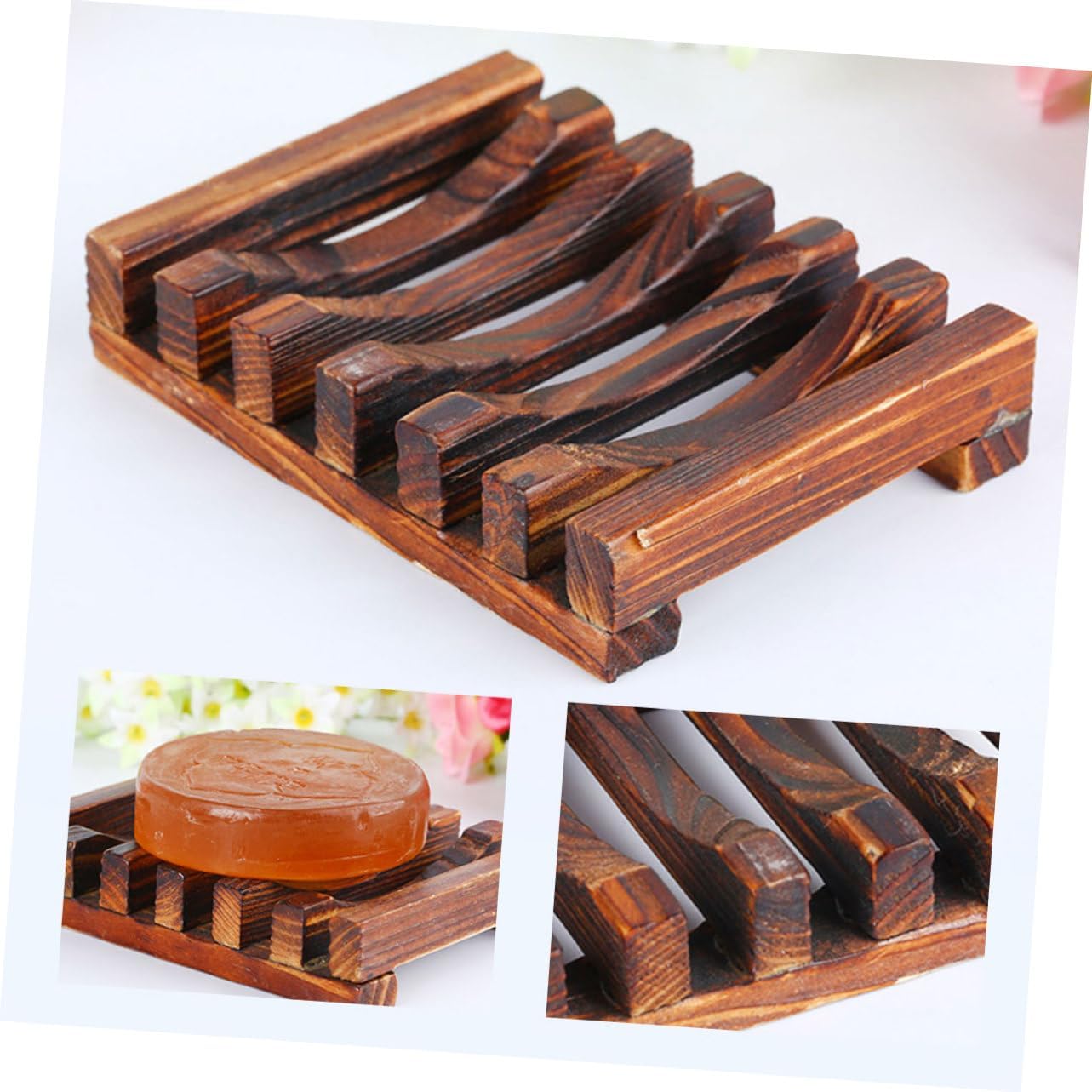 2pcs Carbonized Wooden Soap Holder for Bathroom and Kitchen