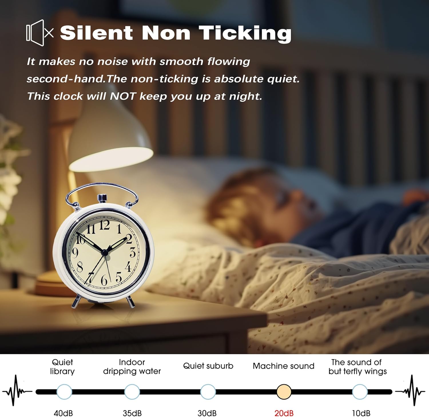 AYRELY 4 Super Loud Alarm Clock with Metal Bell and Night Light White
