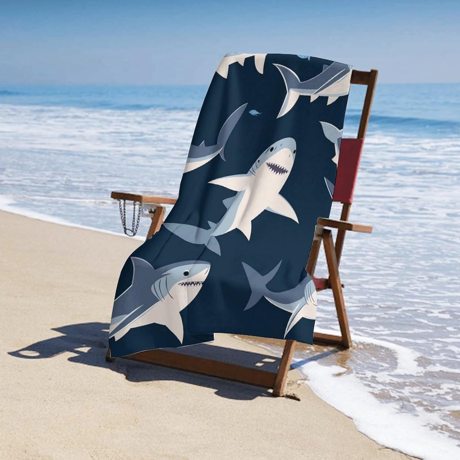 Extra Large Beach Towel with Blue Cartoon Shark Print