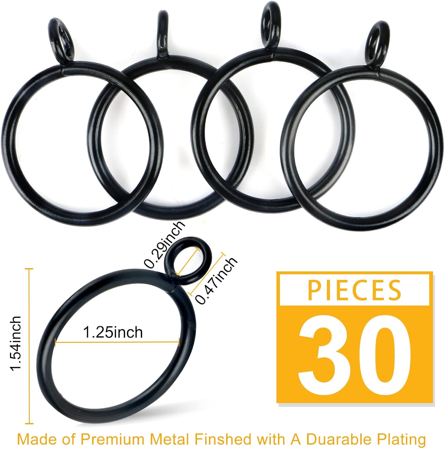 Hanitronic Black Drapery Curtain Ring Set of 30PCS