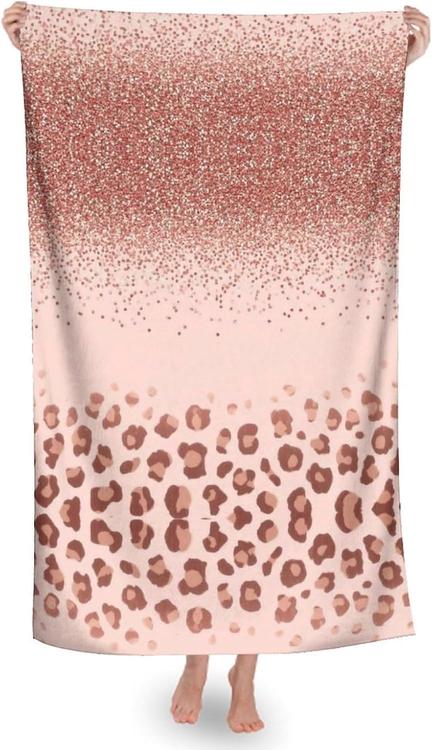 Rose Gold Glitter Pink Cheetah Microfiber Beach Towel