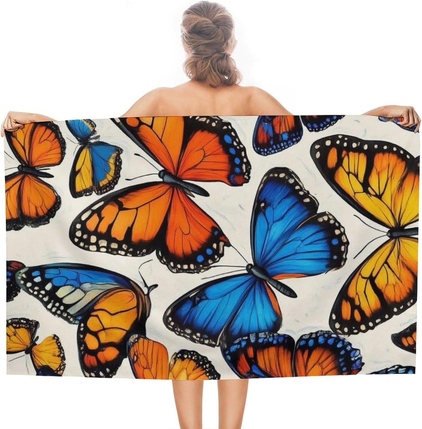 4SEE Premium Beach Towel with Blue Orange Butterflies Design