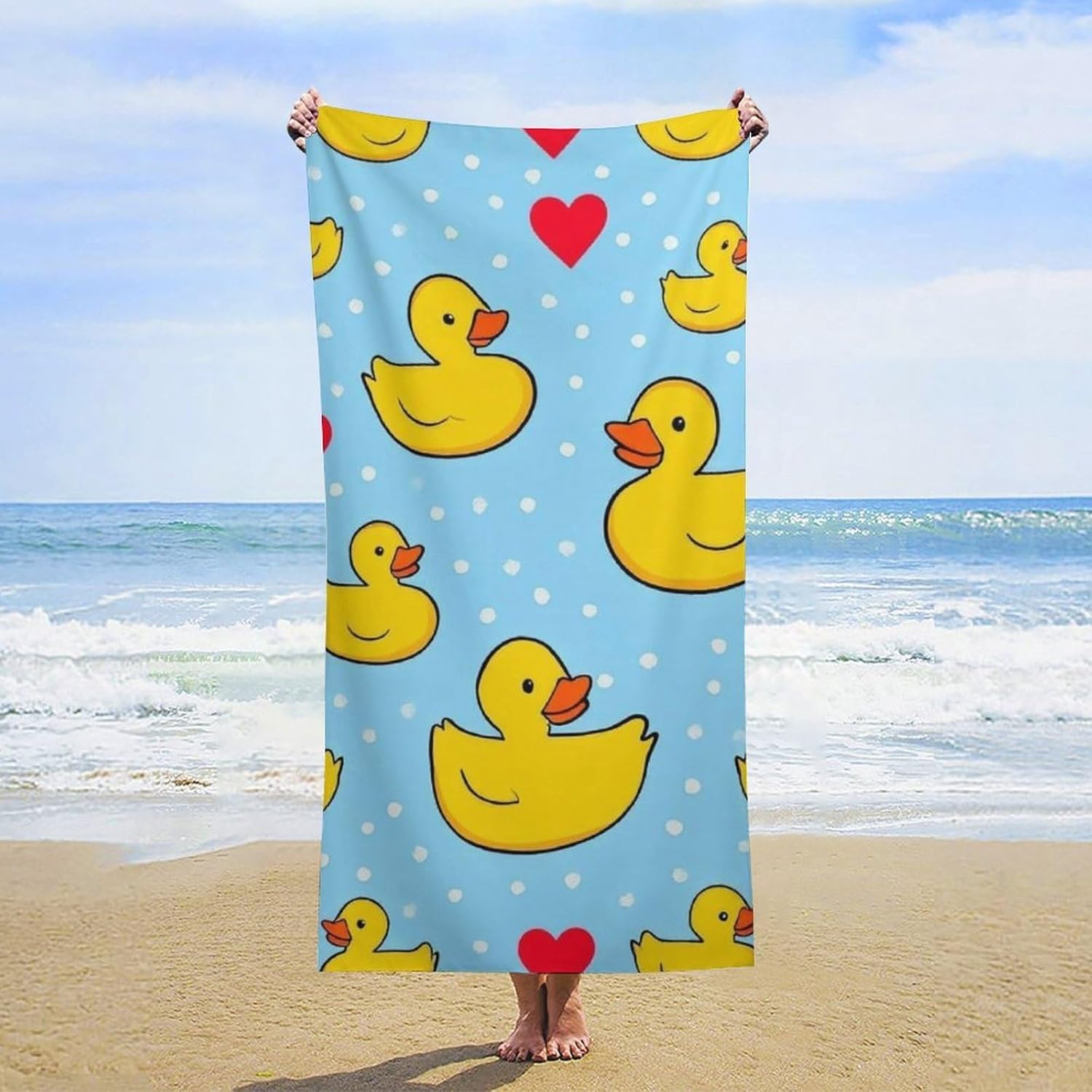Extra Large Beach Towel with Heart Dots and Ducks Pattern