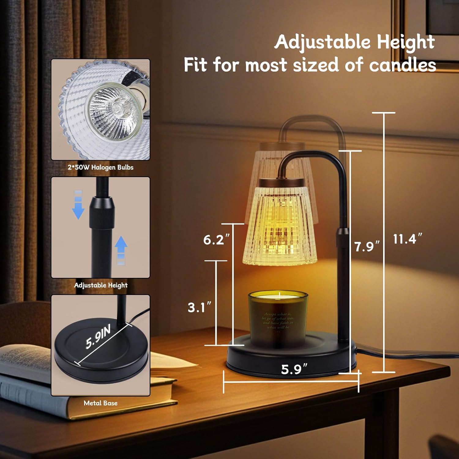 Pasengy Adjustable Dimmable Candle Warmer Lamp with Timer 2 Bulbs Black